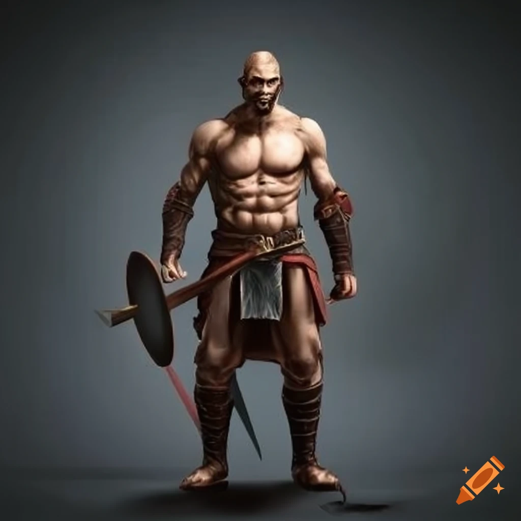 A male muscular fierce warrior with medium long hair wielding a glaive ...