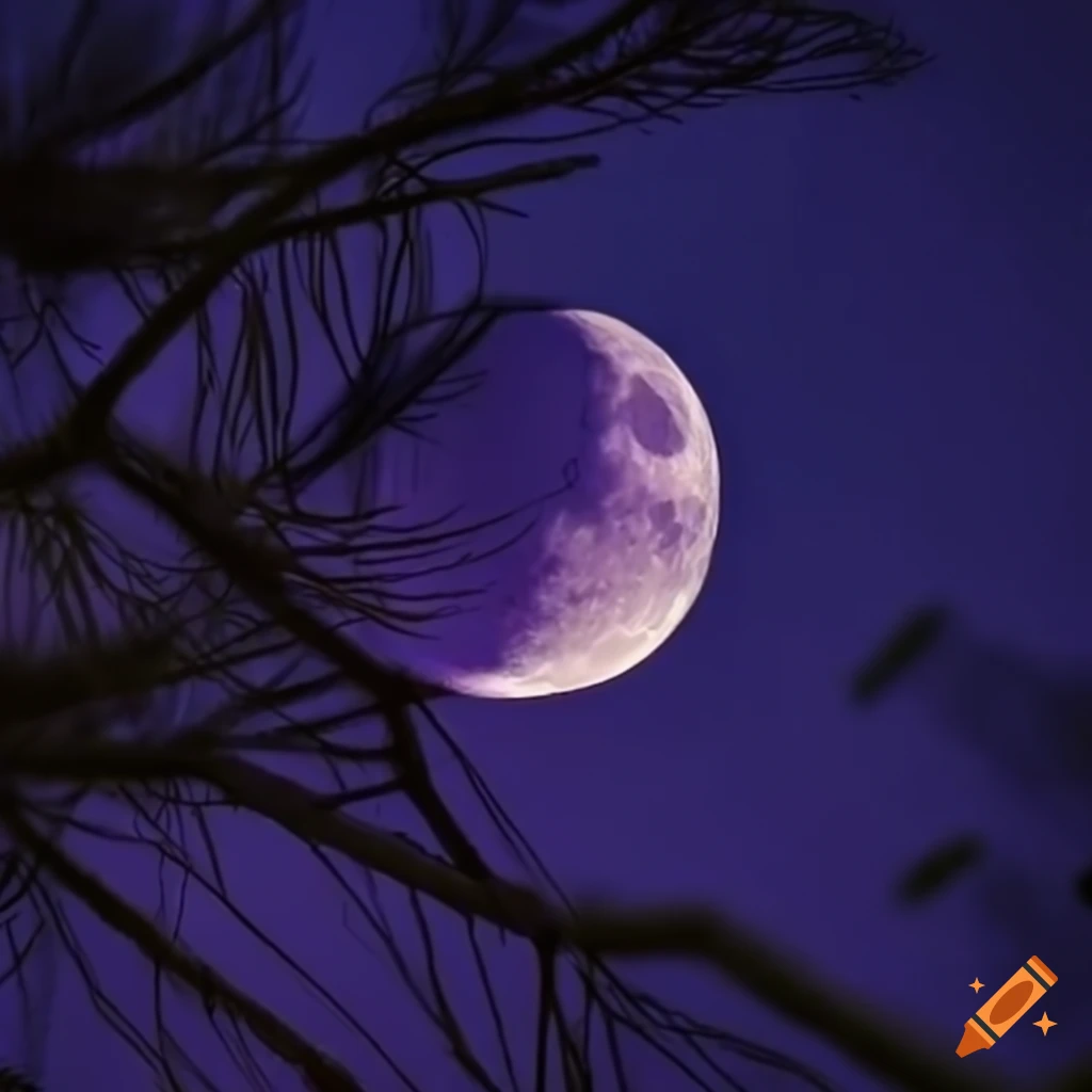 Purple Moonlight Illuminating A Pine Branch