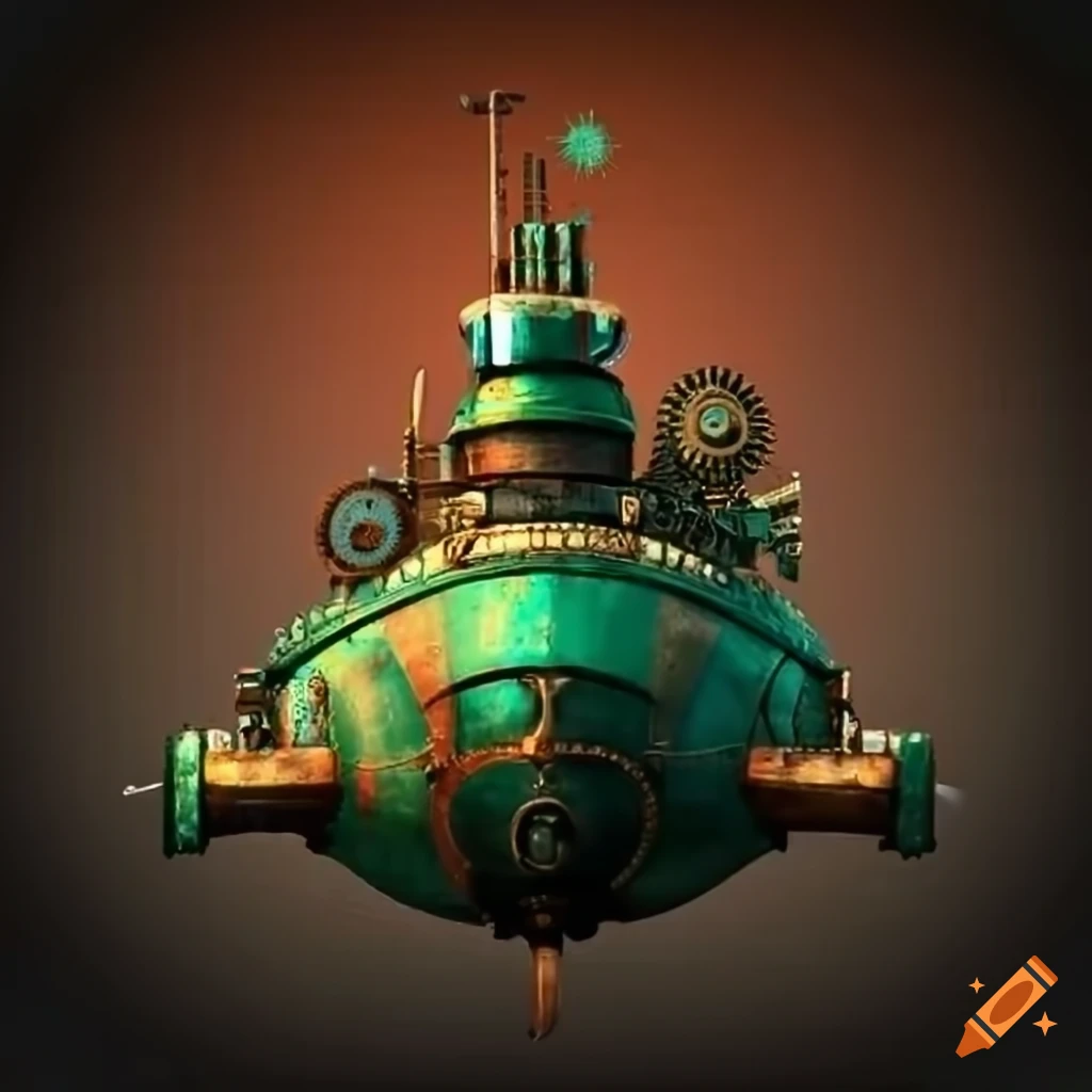 Steampunk submarine in a colorful town on Craiyon