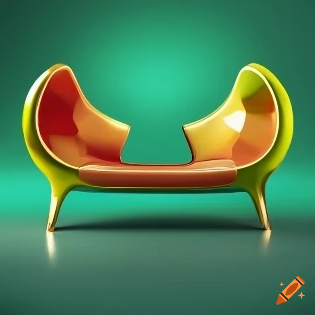 surrealistic futuristic love seat in green, yellow, red, and gold