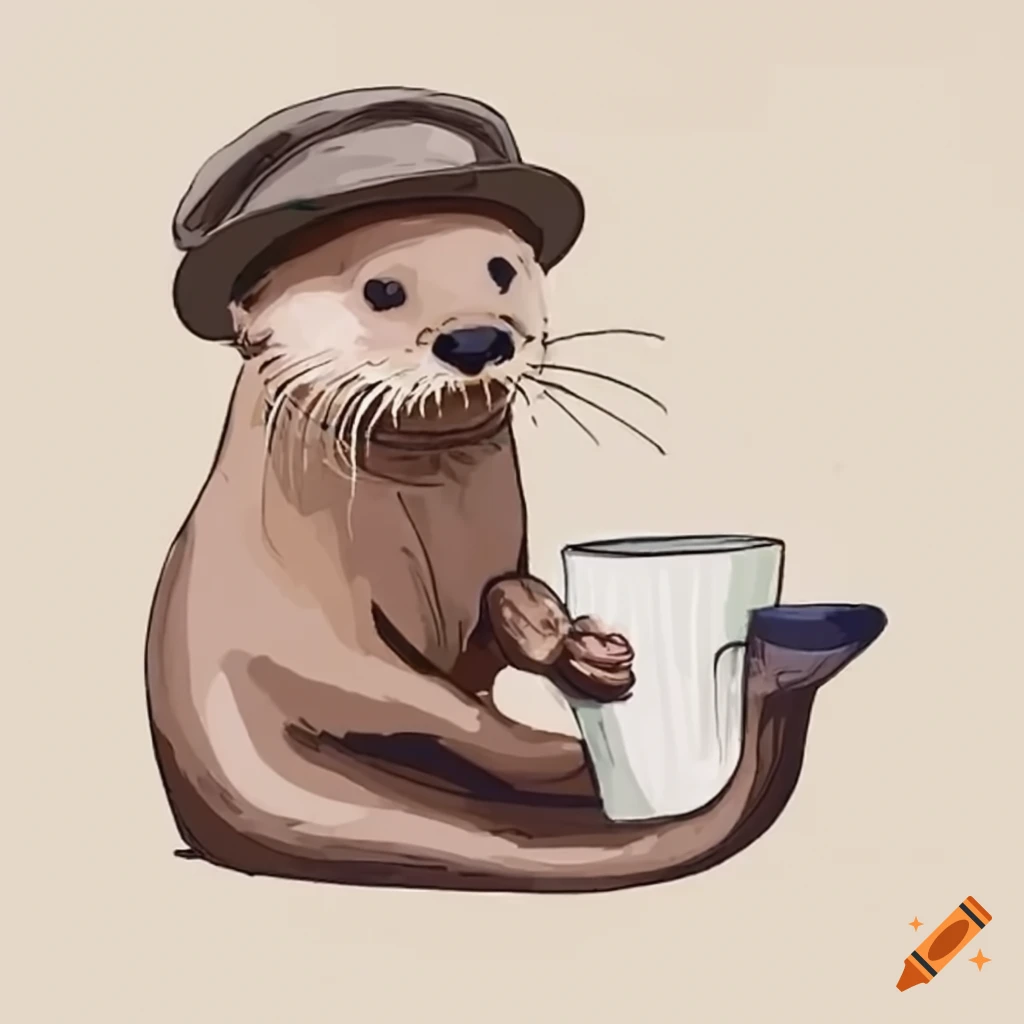 otter holding a coffee cup with a hat