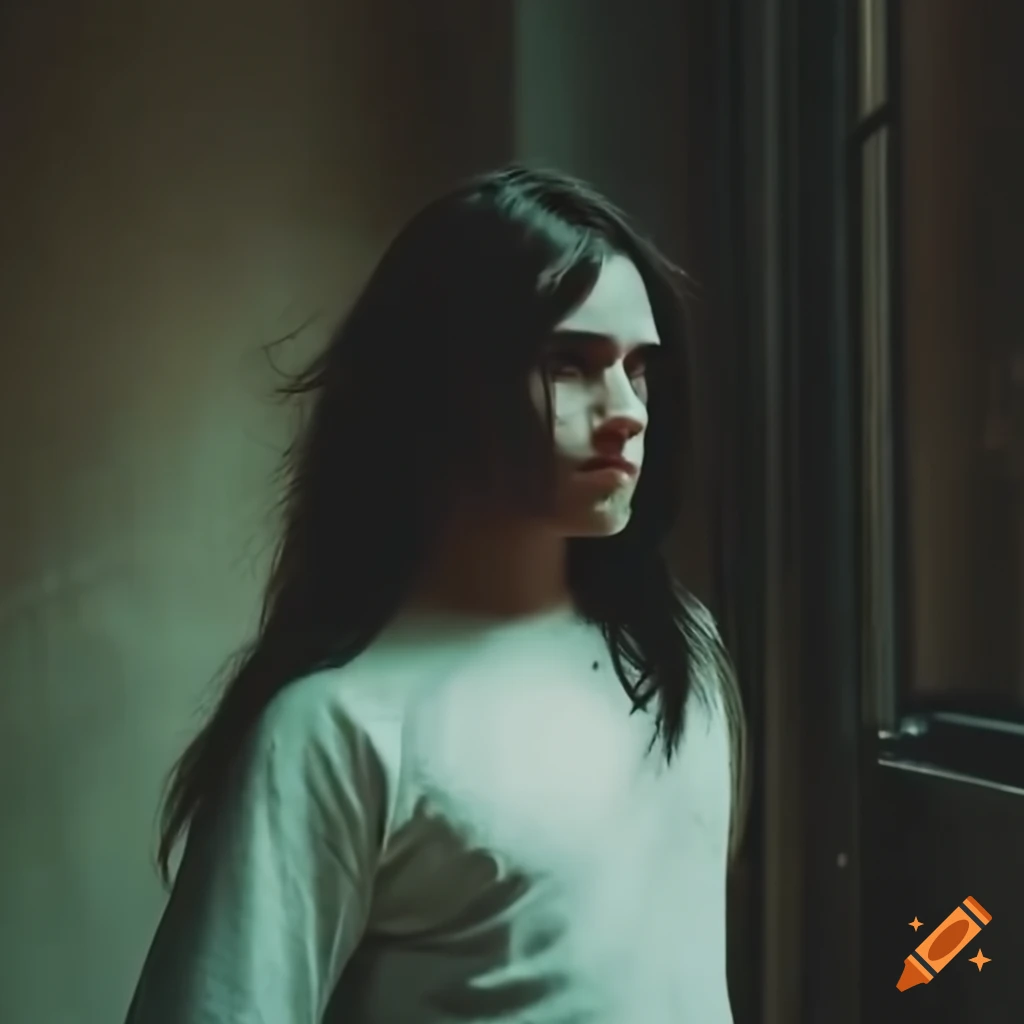moody analogic film photograph of a young man by a classroom window