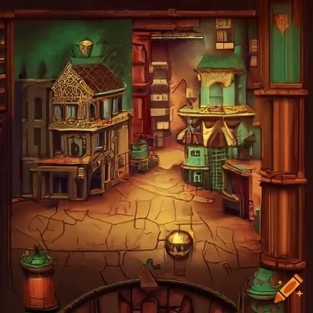 Steampunk cityscape in red, green, and gold colors on Craiyon