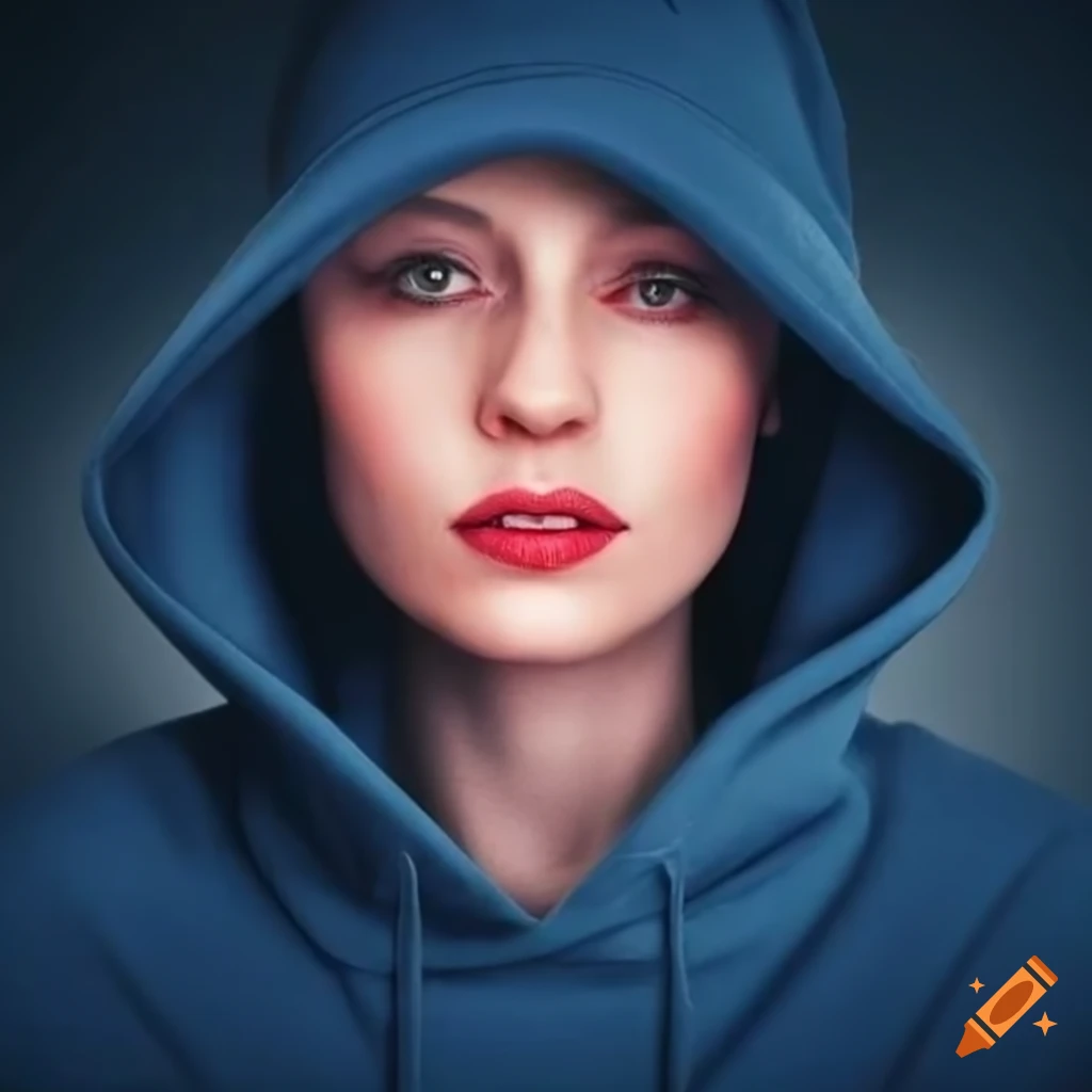 Portrait of a calm woman with red eyes wearing a dark blue hoodie on ...