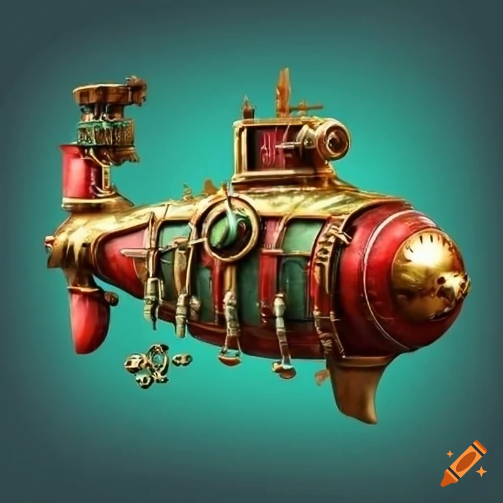 Steampunk submarine in green, red, and golden colors on Craiyon