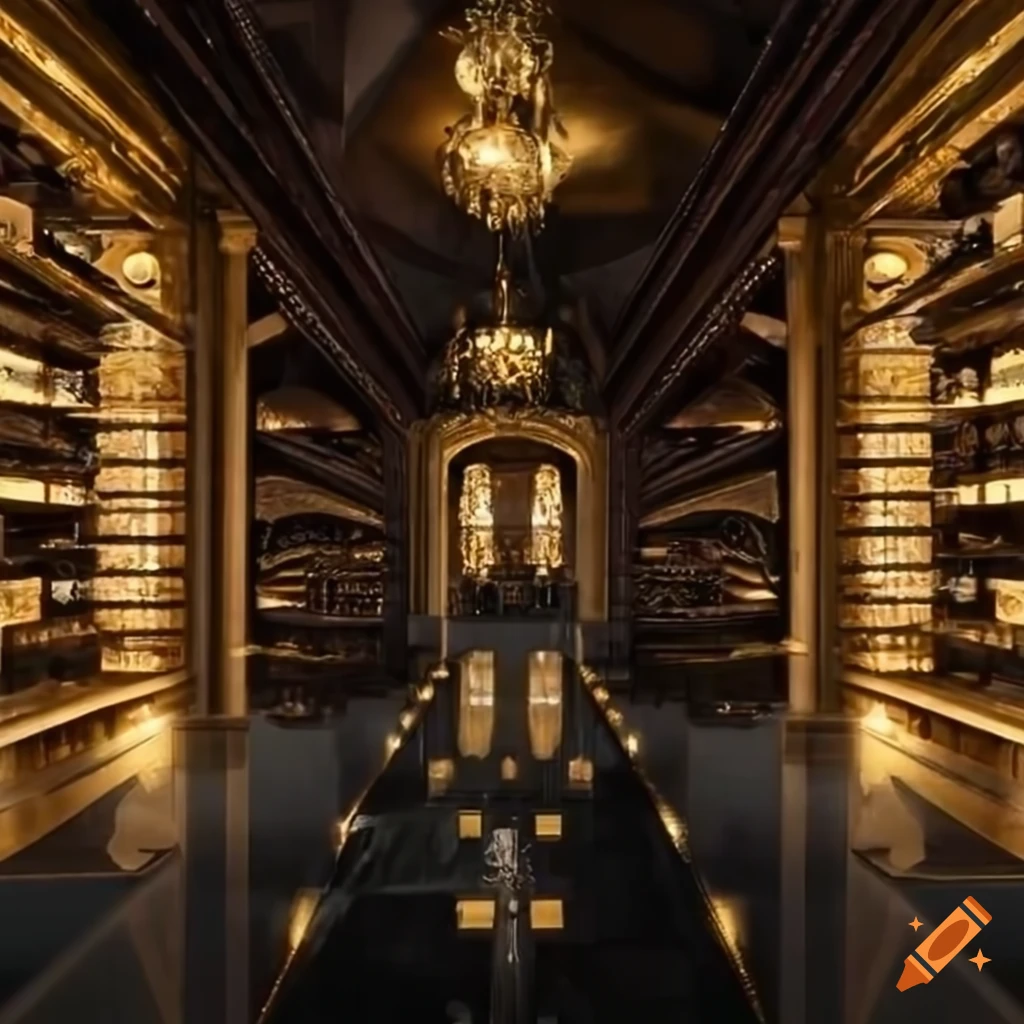 luxurious cellar with black stone floor and gold accents