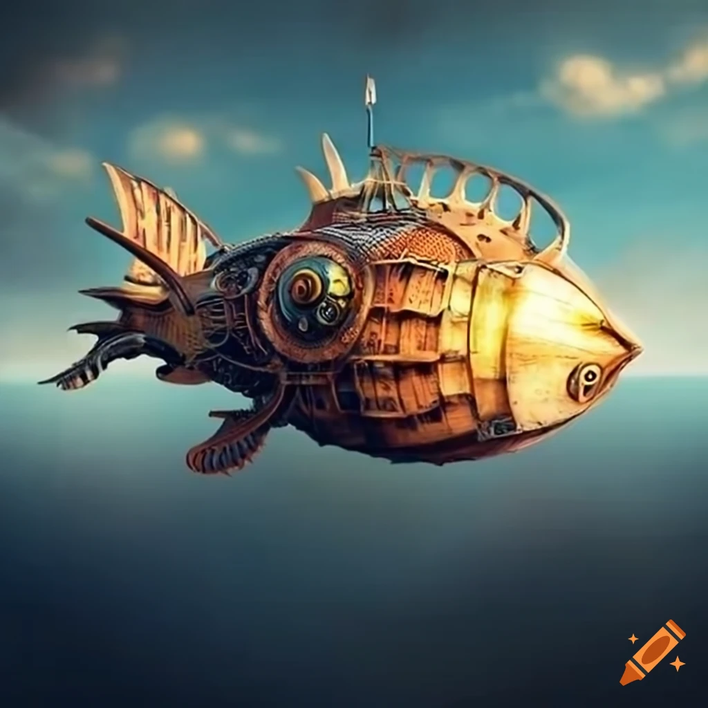 futuristic steampunk airships in the sky