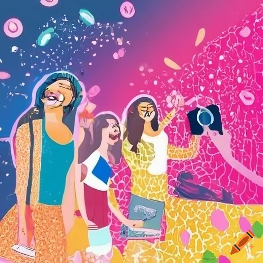 Digital illustration of diverse group capturing joyful moments on ...