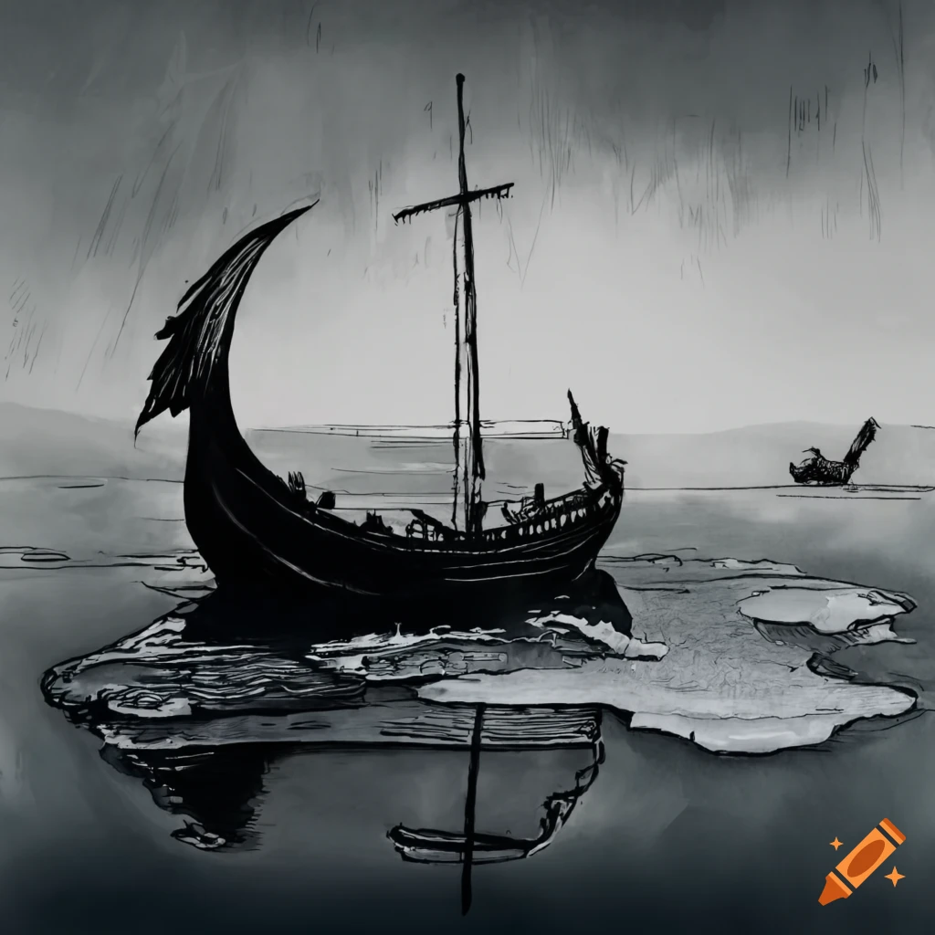 Black and white ink drawing of a viking ship wreck on a desolate island