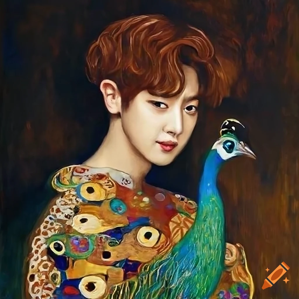 portrait of Park Chanyeol with a peacock painted by Gustav Klimt