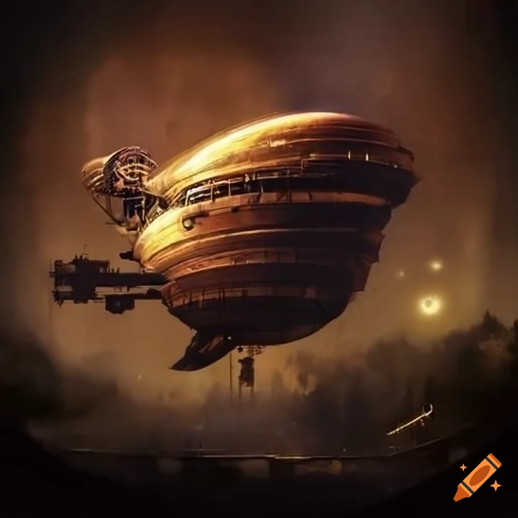 futuristic steampunk airships in the sky