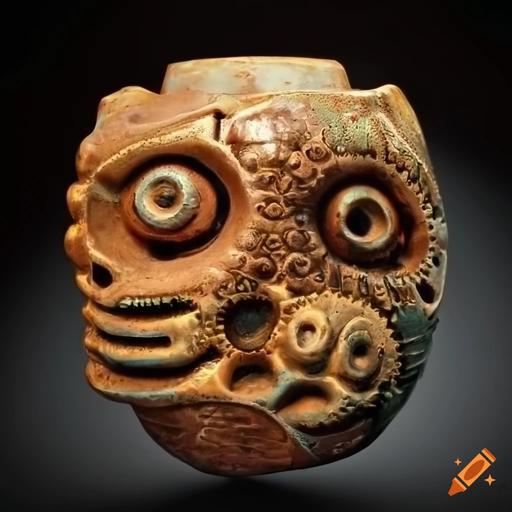 ceramic steampunk fossil with Chavín style
