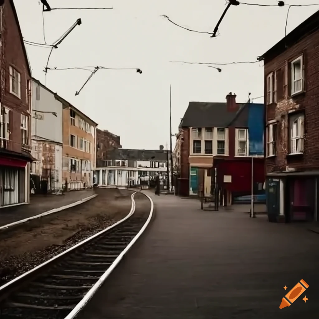 distorted illustration of a town with apartments and train station