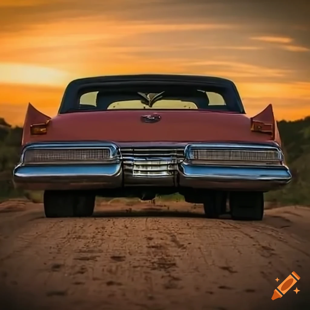 vintage Cadillac driving on a dirt road at sunset