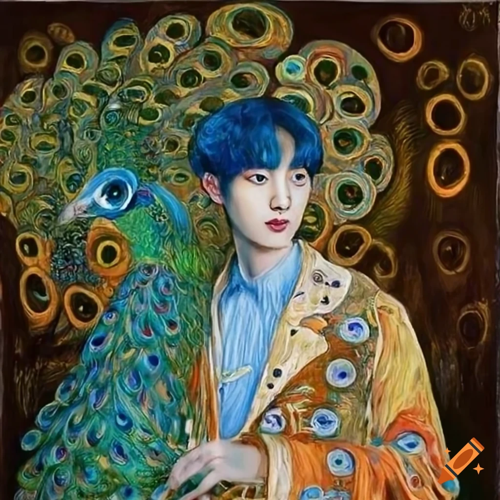 portrait of Park Chanyeol with a peacock painted by Gustav Klimt