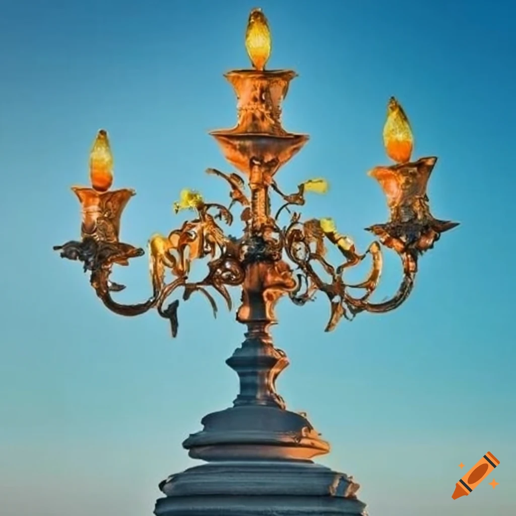 a blue street candelabrum with lamps and oak leaf ornaments
