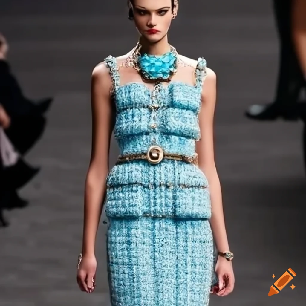 Chanel runway outfit with baby blue tweed on Craiyon