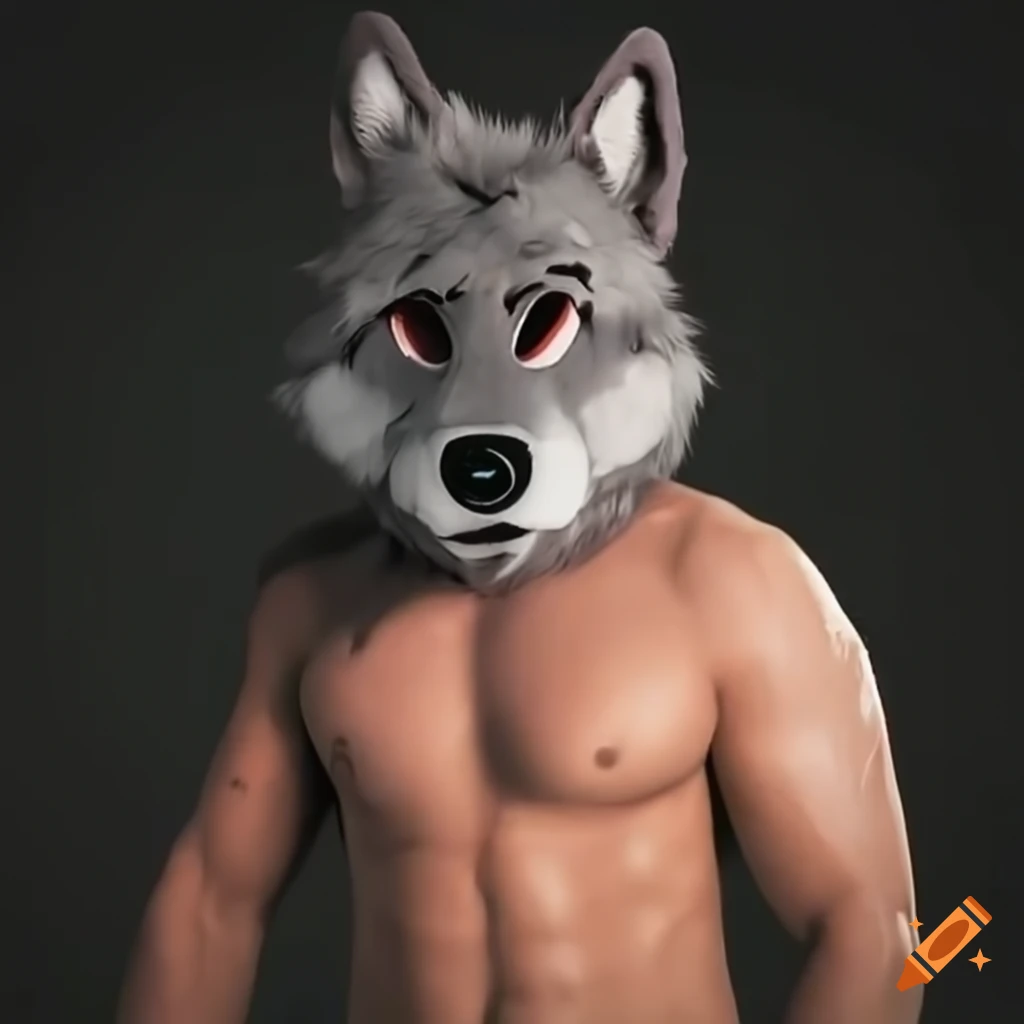 man in a gray wolf fursuit head