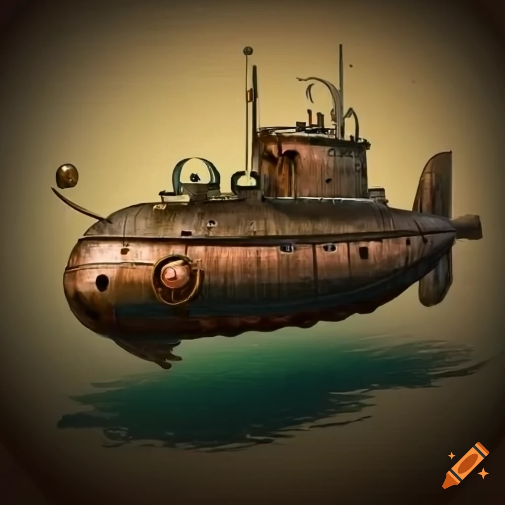 Steampunk submarine in a vibrant town on Craiyon