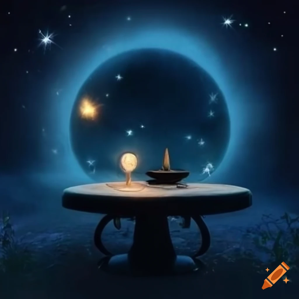 panoramic view of a magical celestial study room in a garden