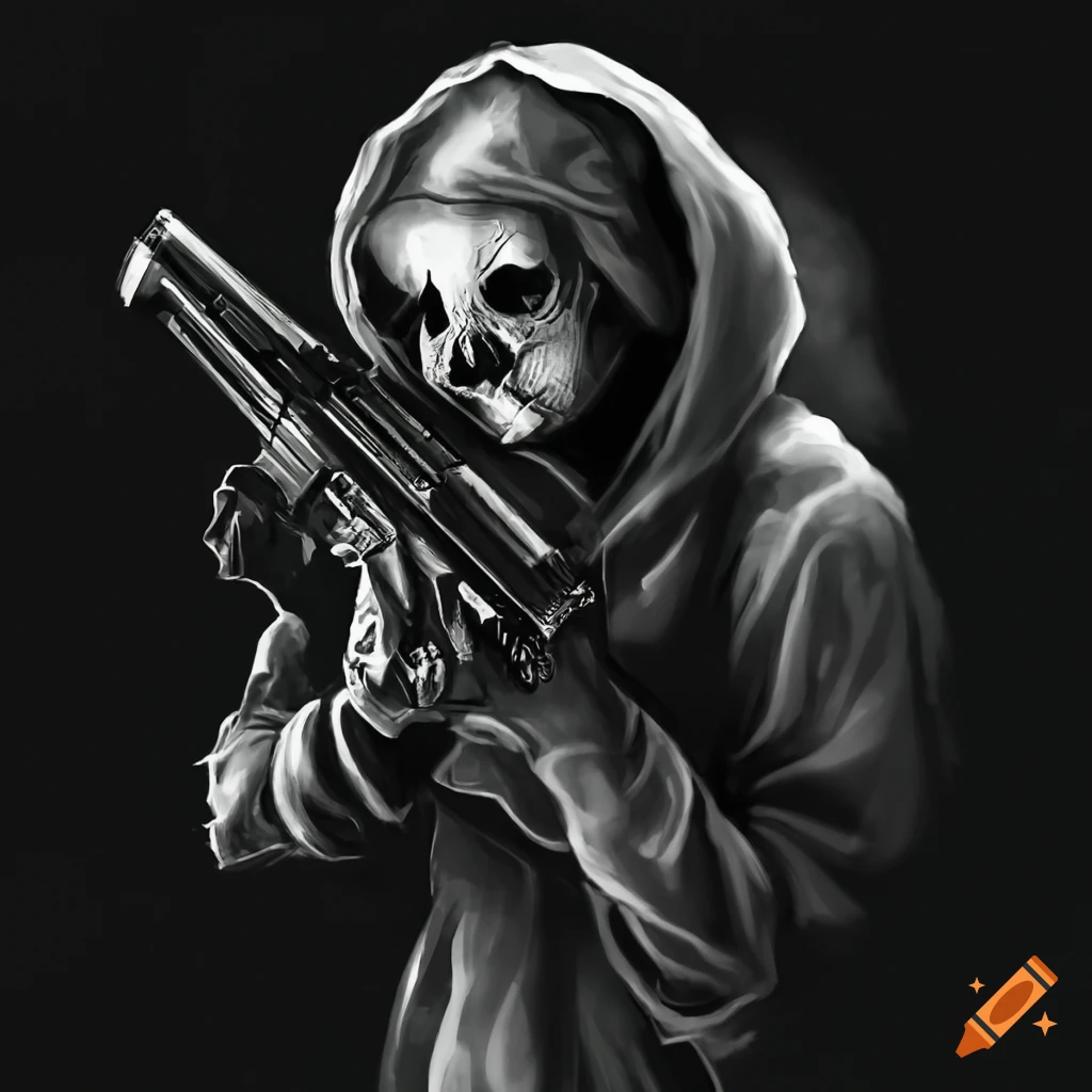 Black And White Image Of A Ghost Holding A Gun On Craiyon