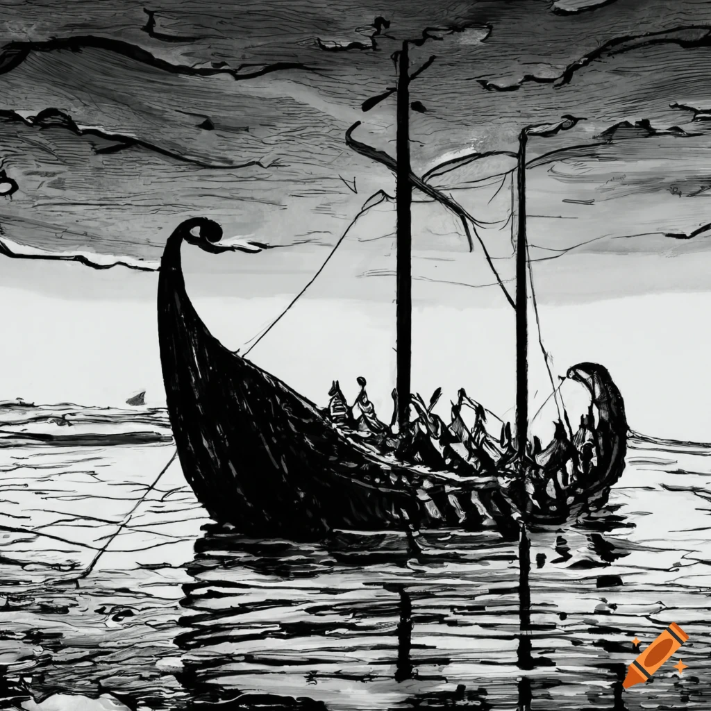 Black and white ink drawing of a viking ship sailing in icy waters on ...