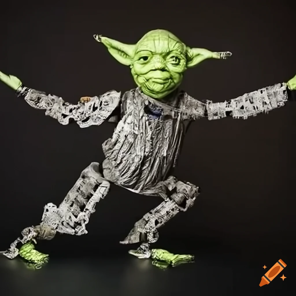 fantasy robot doing yoga with Yoda