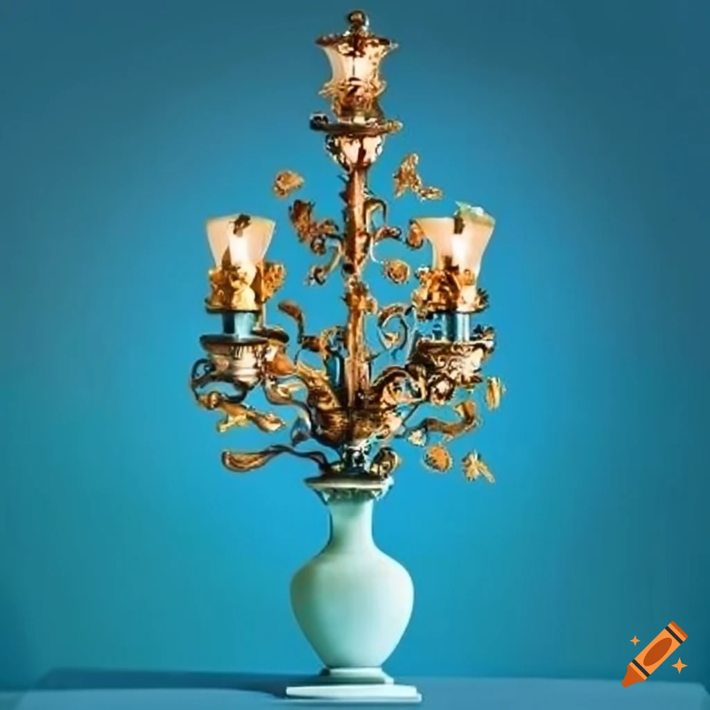 sky blue candelabrum with lamps and oak leaf ornaments