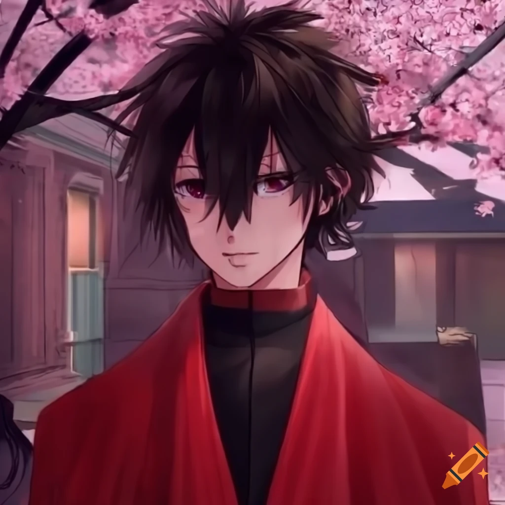 anime character in a red uniform with a sword and cherry blossoms in the background