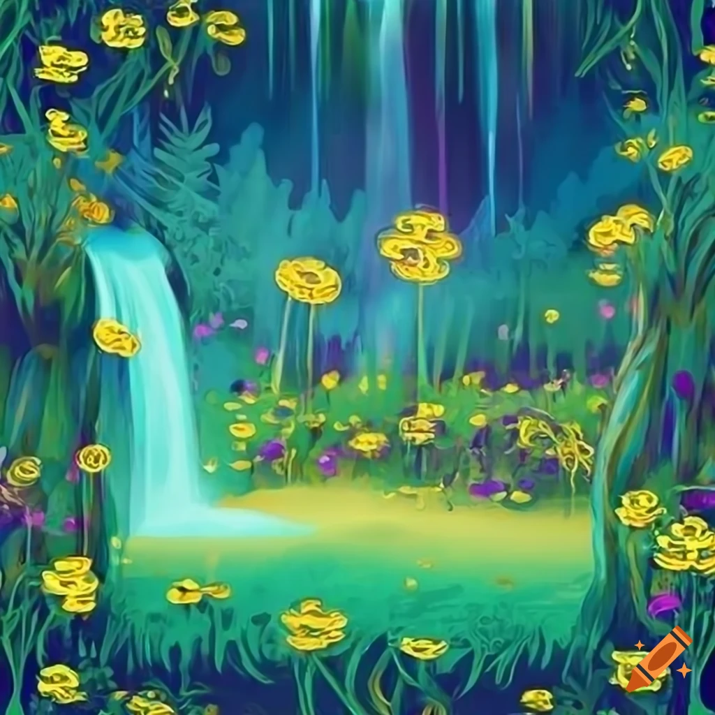 Neon and pastel illustration of a field of buttercups with waterfalls