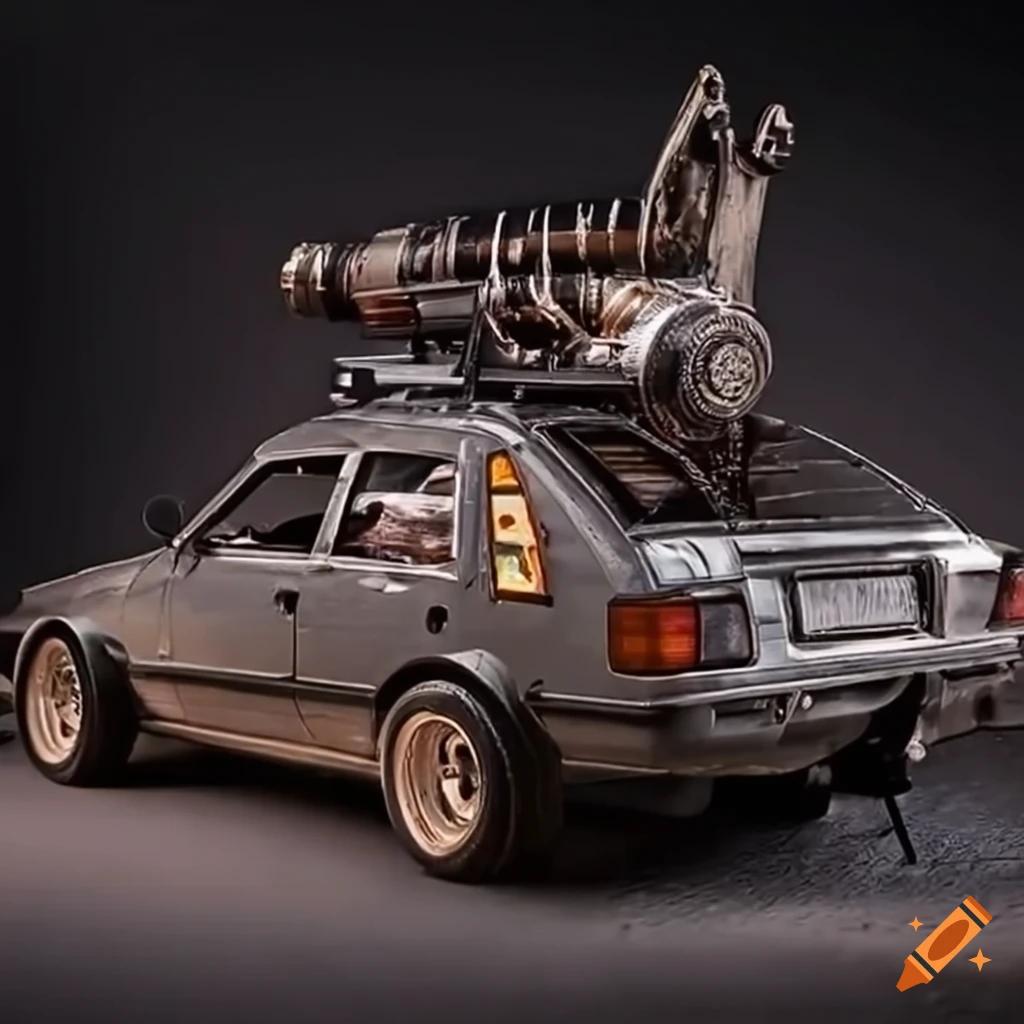 Retrofuturistic toyota tercel with spikes and weapons