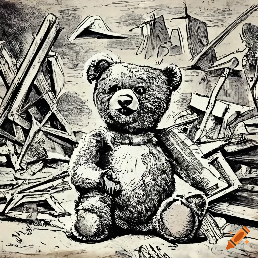 Black and white ink drawing of an abandoned teddy bear in a wartorn