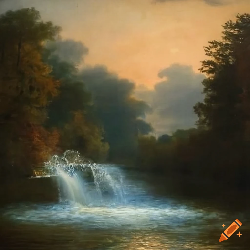 Neoclassical landscape painting with a house near a fountain on Craiyon