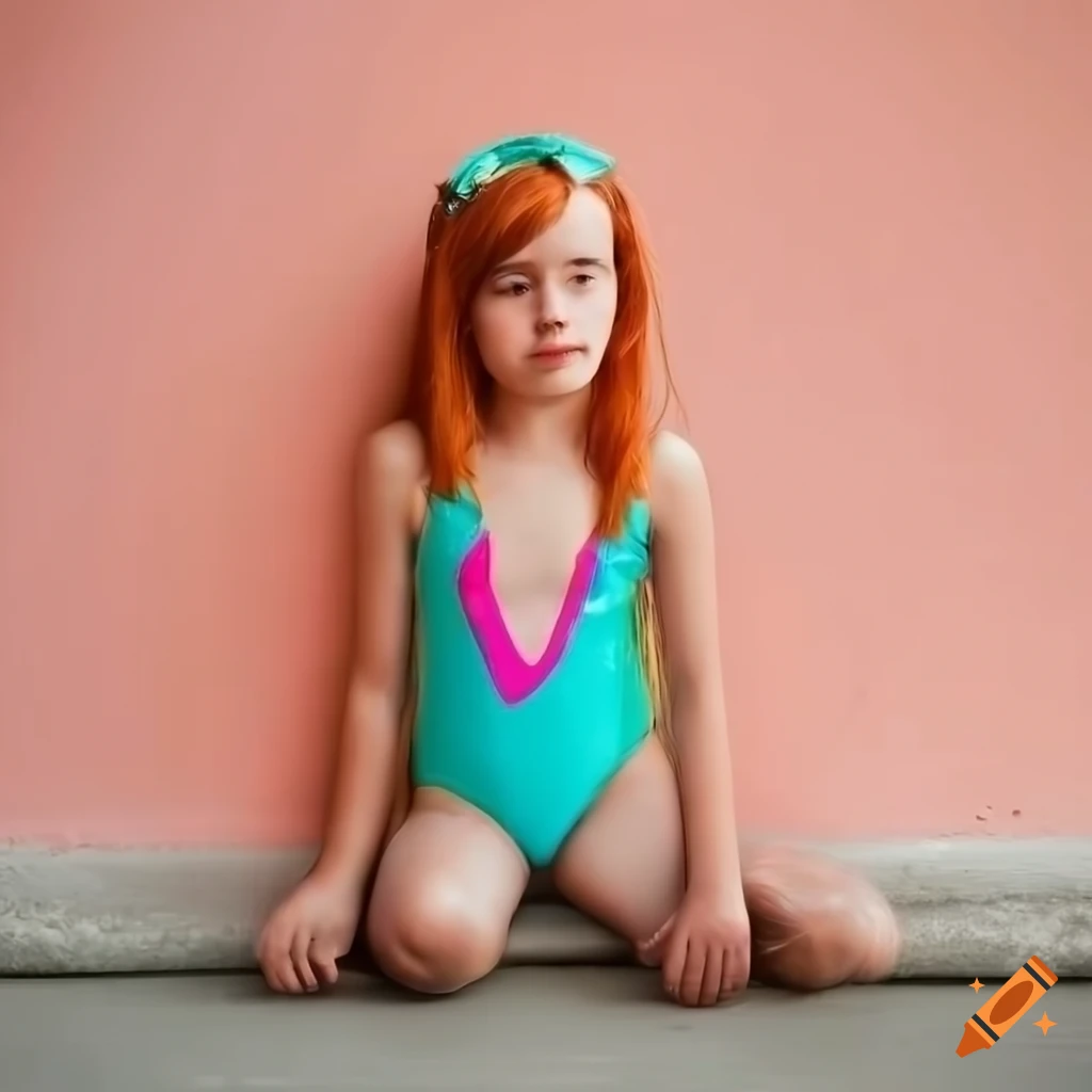 red-haired girl in a swimsuit sitting against a wall