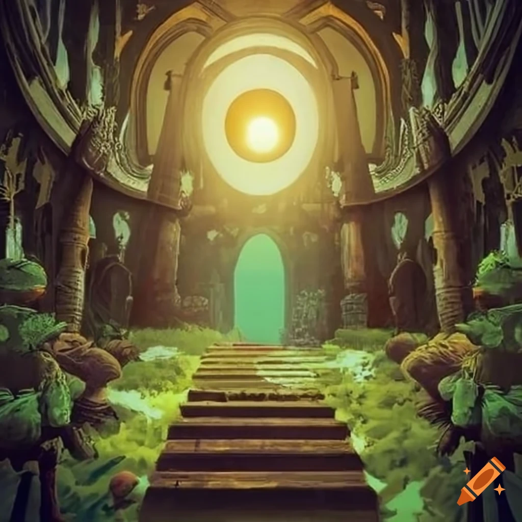 interior of a mystical alchemy skytower with a garden