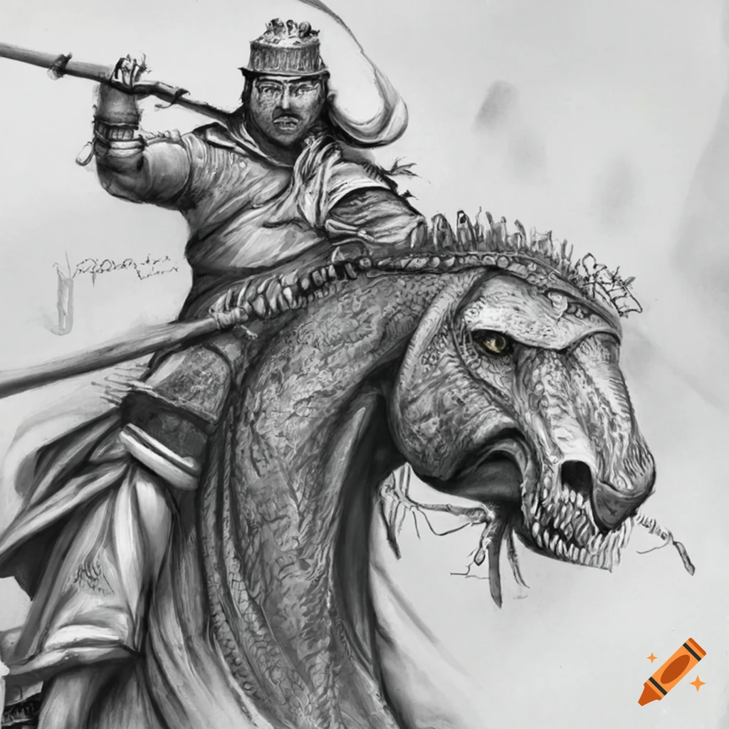 Genghis Khan riding a tyrannosaur rex