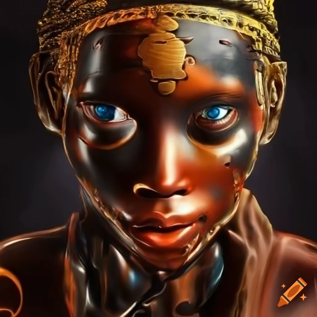 abstract artwork of a cyborg African tribe in gold, black, red, and copper