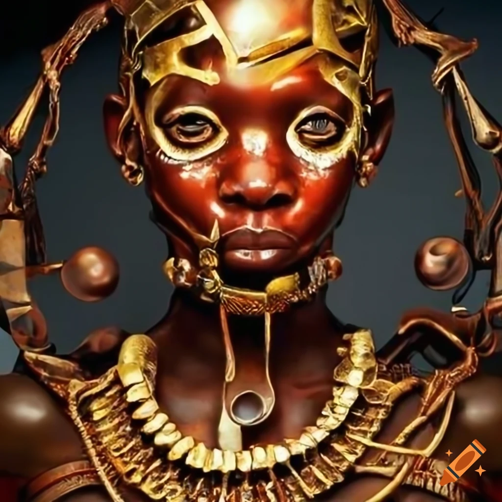 surreal artwork with African tribal elements and cyborg imagery