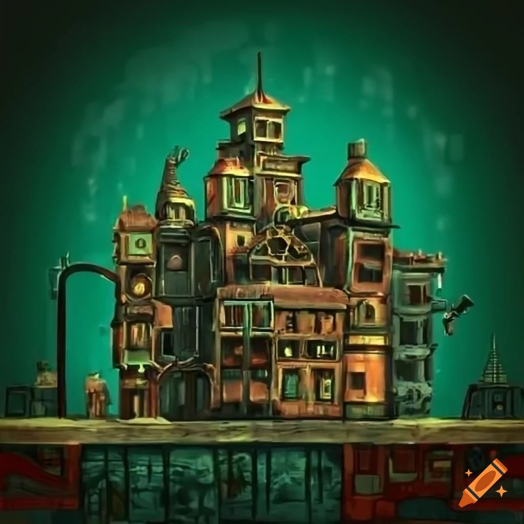 cityscape in steampunk style with red, green and gold colors
