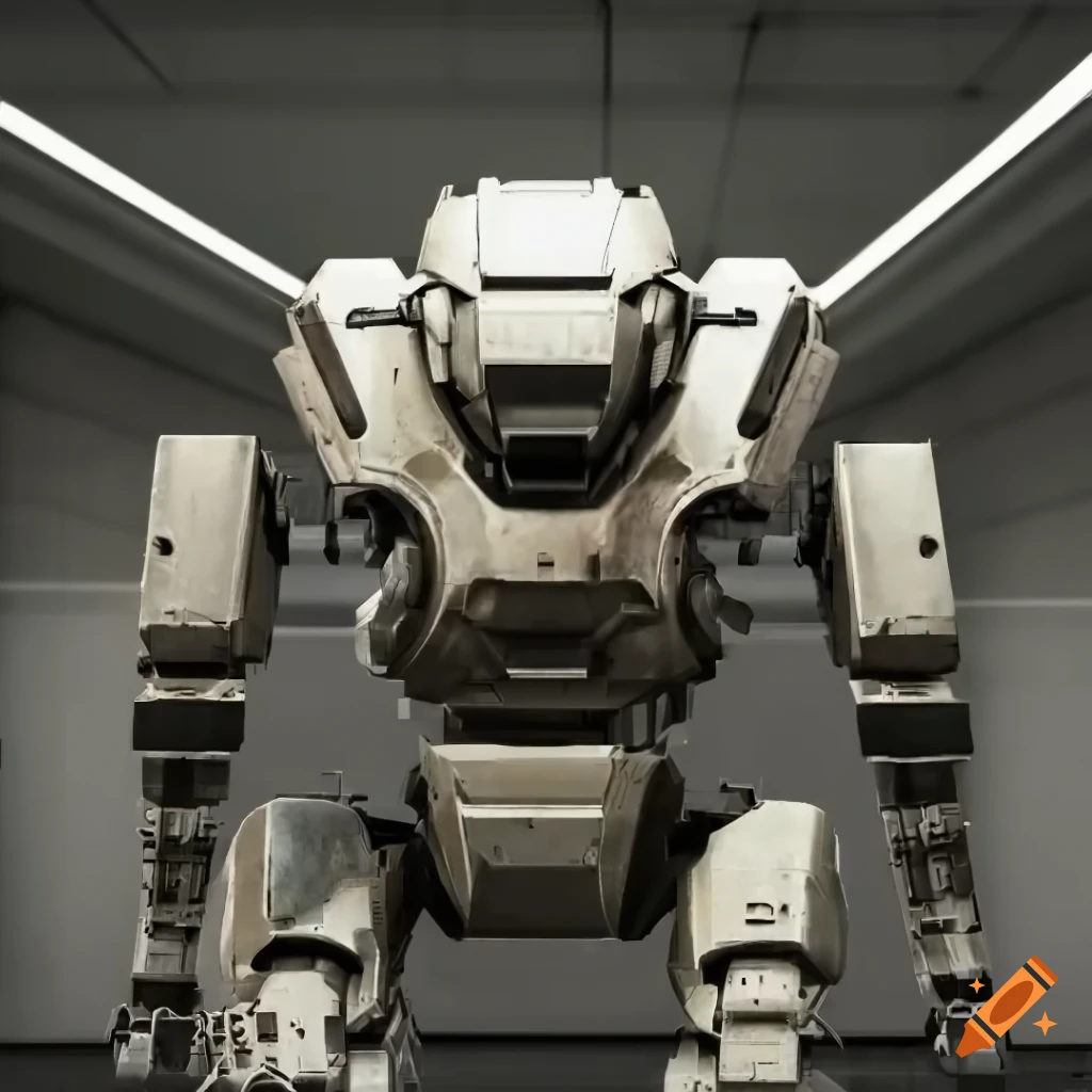 cinematic sci-fi photo of a white military robot with attached weapons