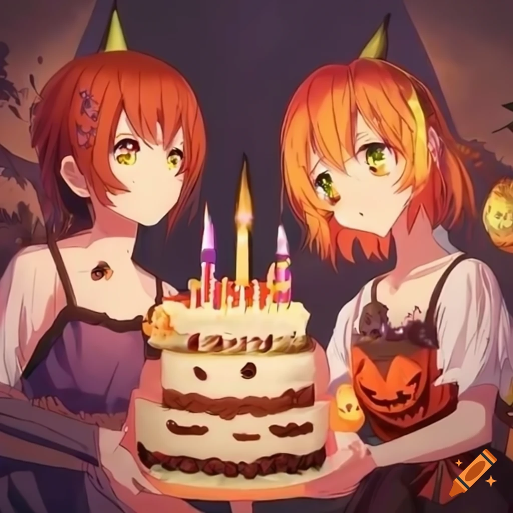 Anime characters celebrating birthday with halloween theme
