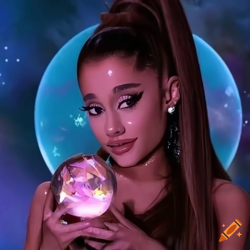 Ariana Grande with a mystical aura and a crystal ball
