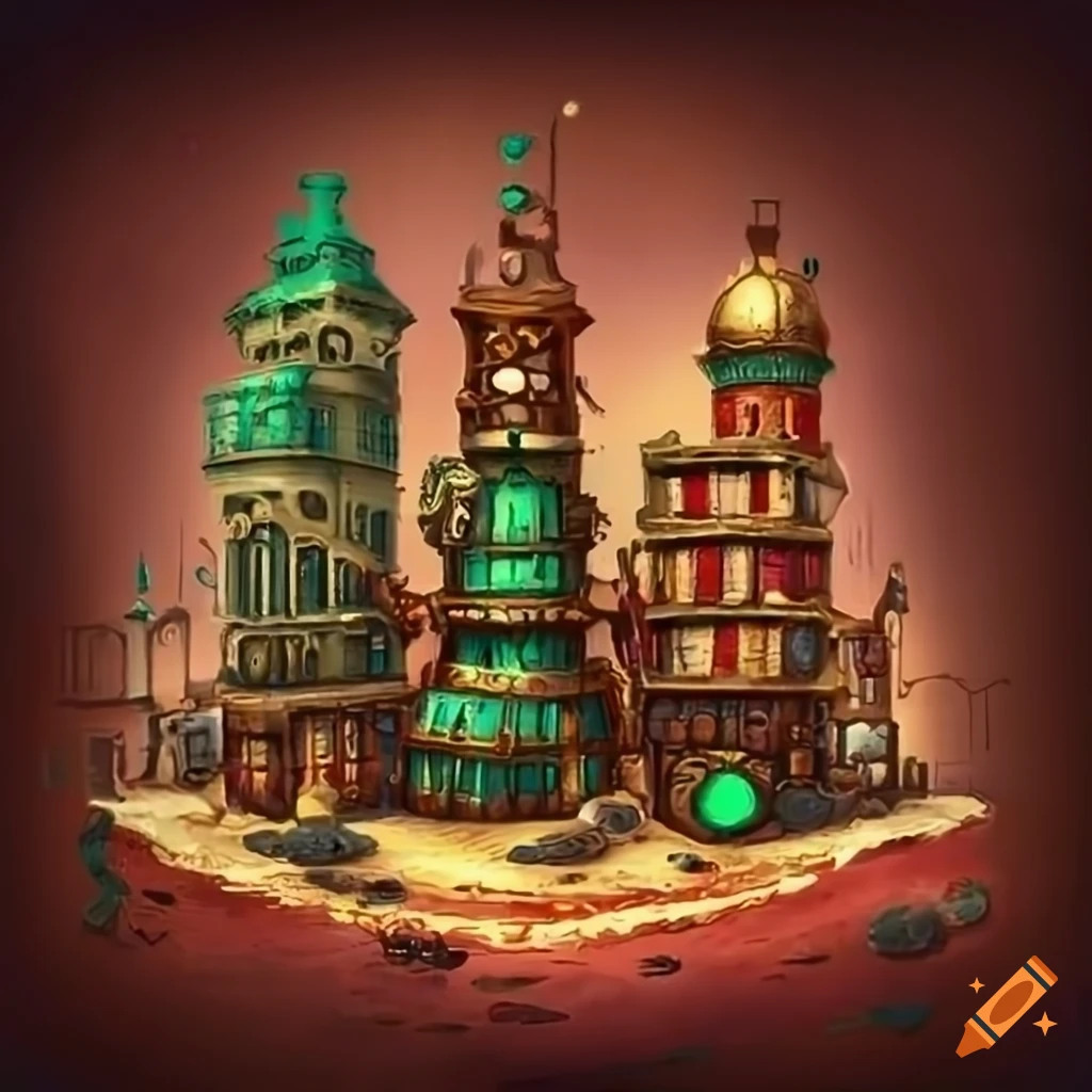 Steampunk city with green, red, and golden elements on Craiyon