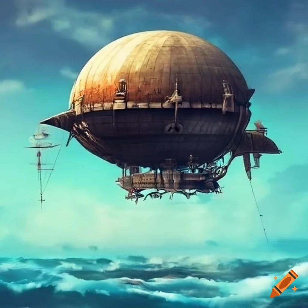 Futuristic steampunk airships in the sky