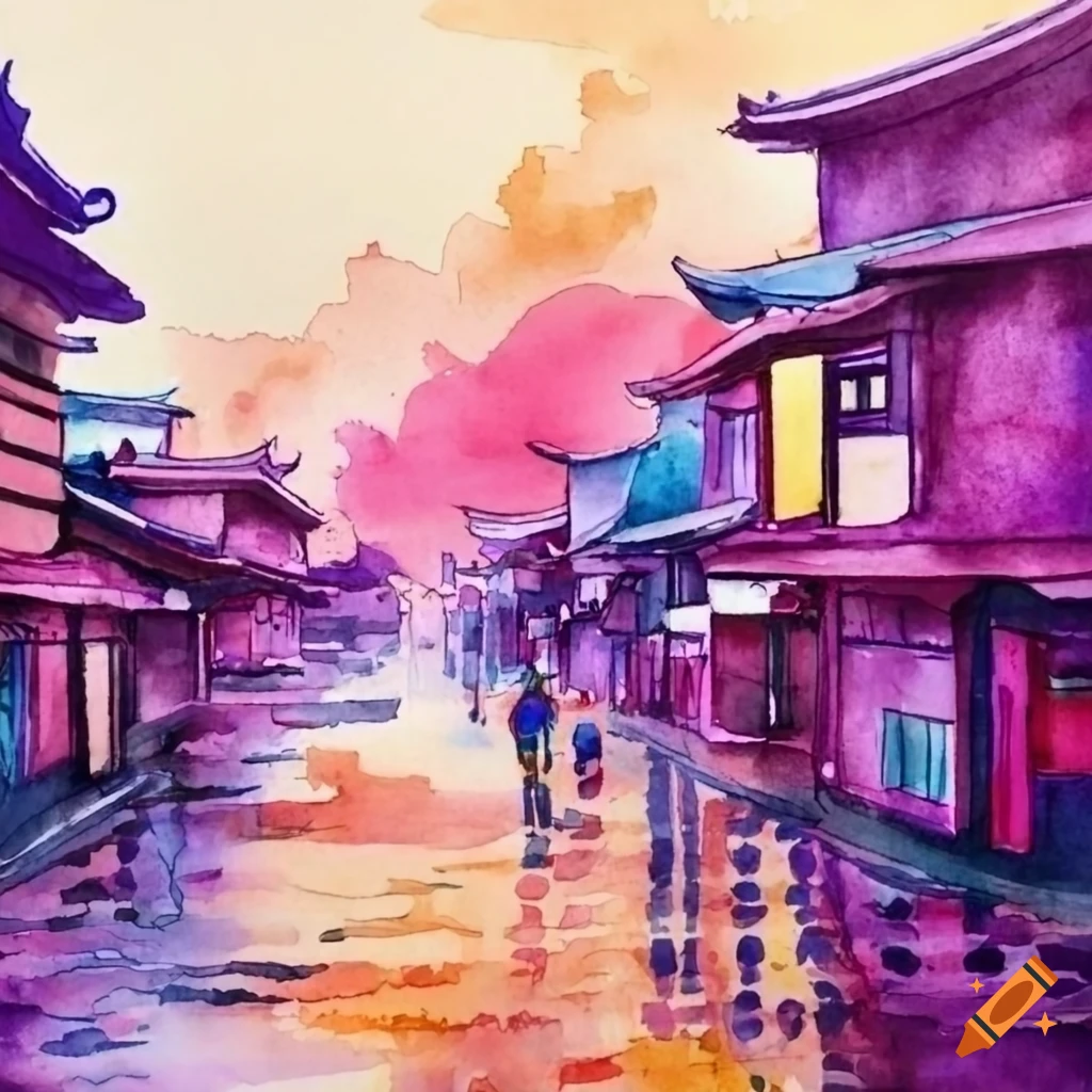 watercolor of a modern Japanese city