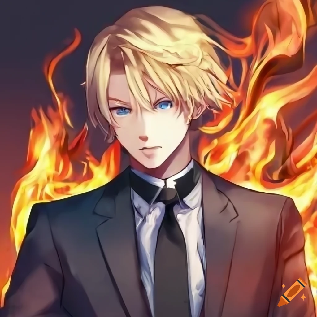 anime-style portrait of a guy with black suit and blond hair