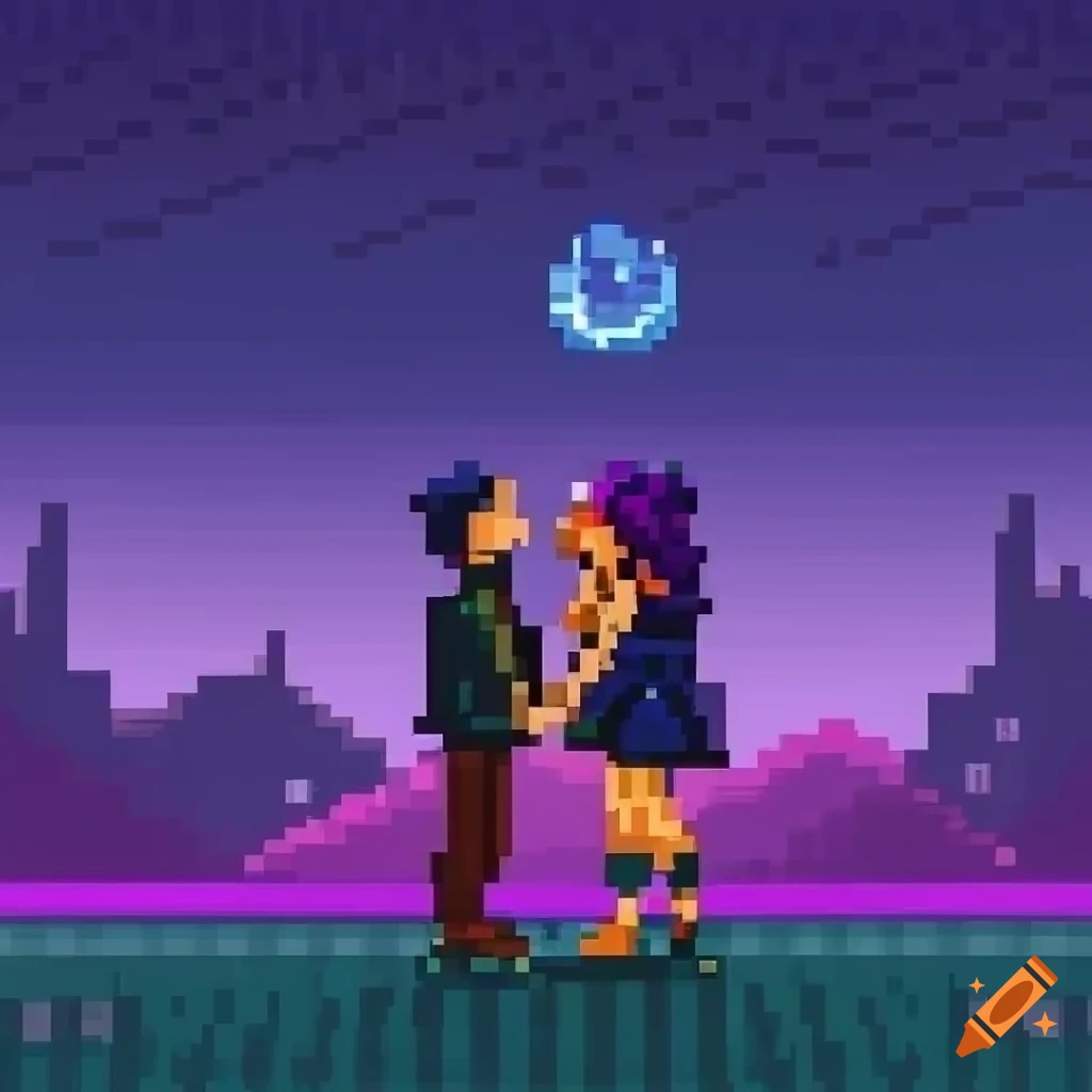 Retrowave pixel art of a couple kissing in the rain on Craiyon
