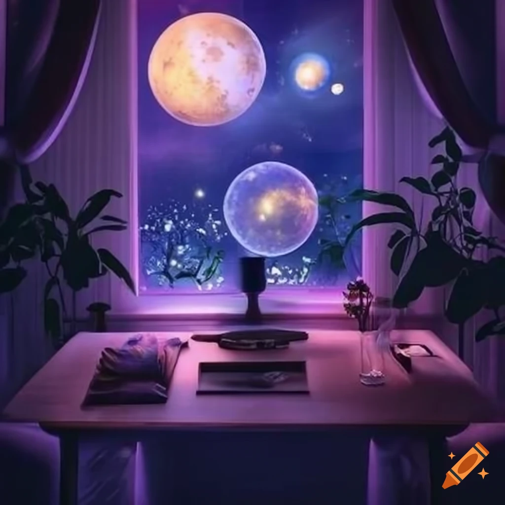 panoramic view of a magical celestial study room in a garden