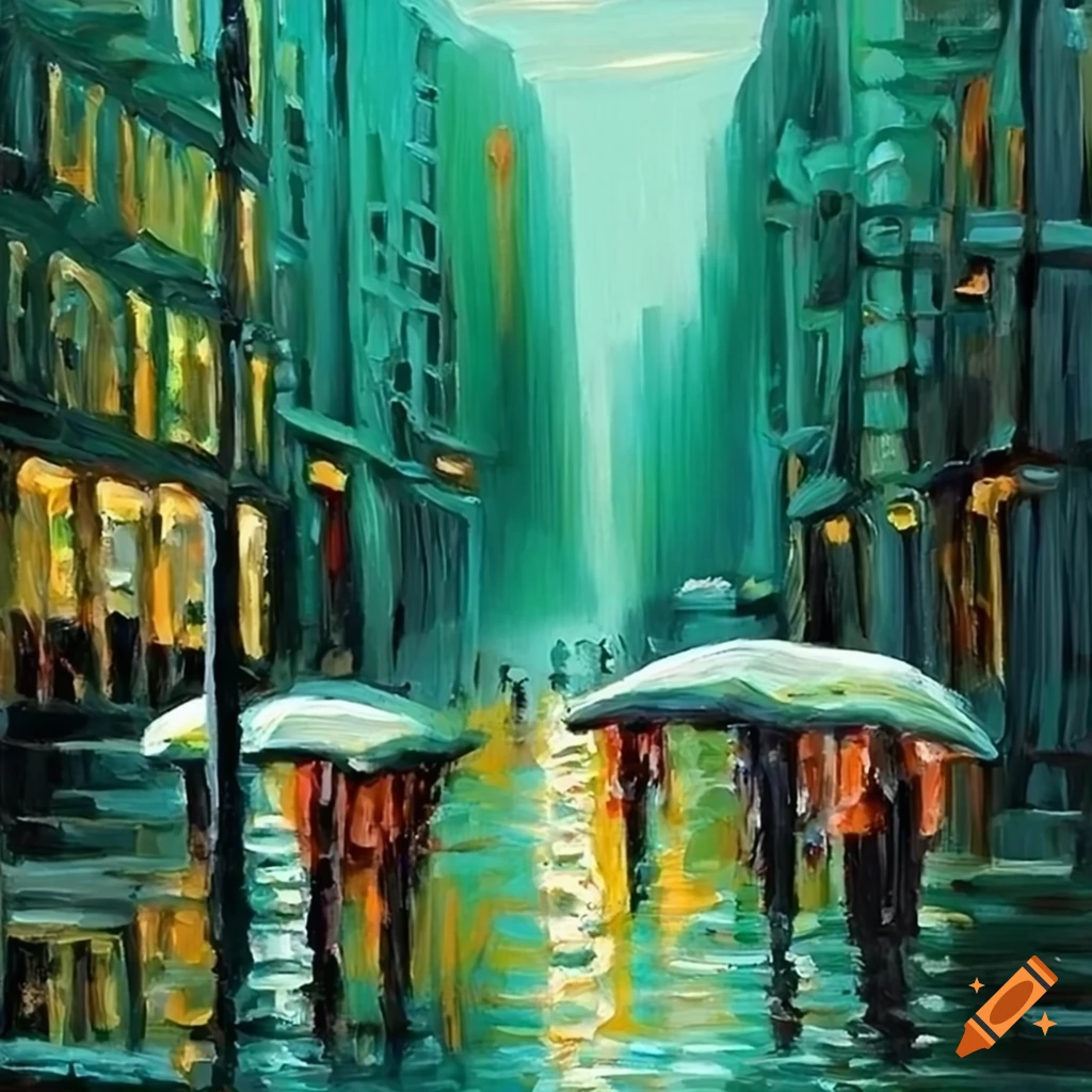 Oil Painting Of A Downtown Cafe In The Rain On Craiyon