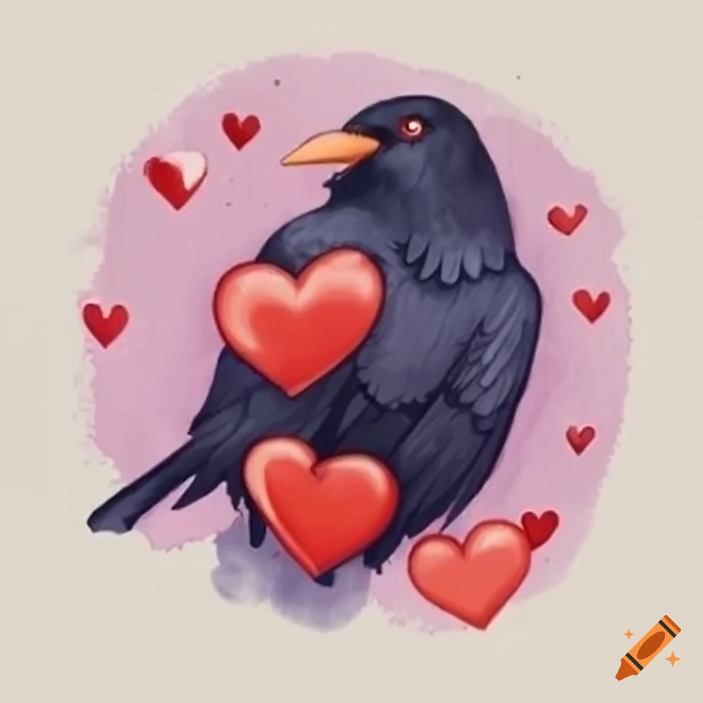 crow holding a heart in emote style